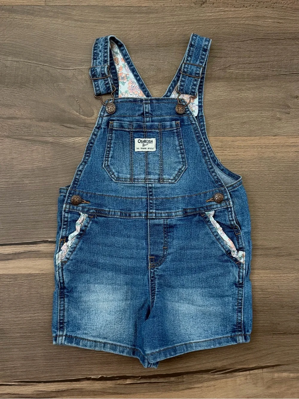 OshKosh B'gosh Toddler Denim Shortalls - Floral Print Ruffle Pocket - Size 3T
